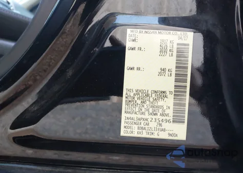 2017 Nissan Altima 2.5 Sv z USA, uszkodzony, nr VIN 1N4AL3APXHC235496